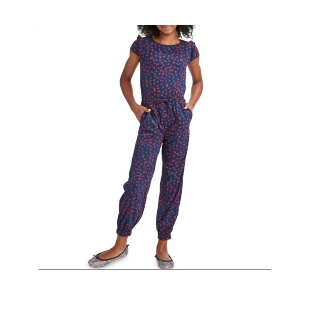 Vineyard Vines Navy Blue Red Cherries Stretch Jumpsuit Pockets size 8